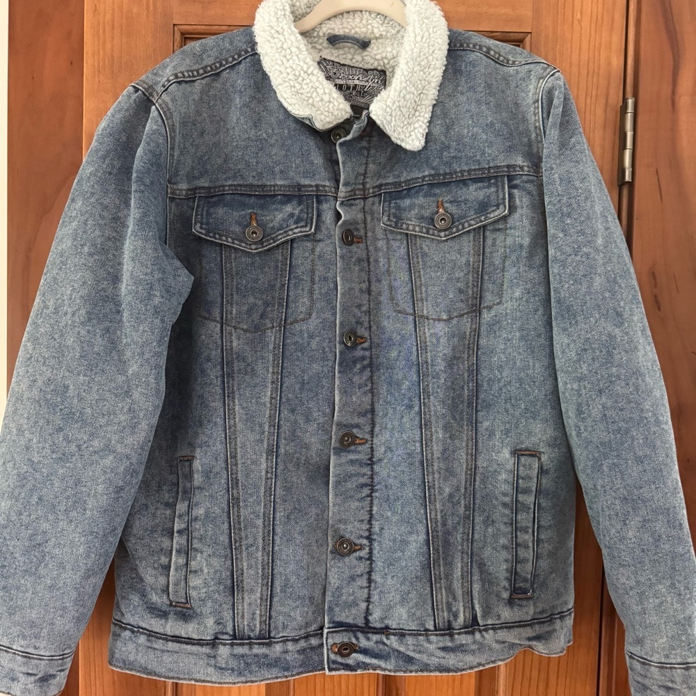 Trademark Brooklyn Cloth Denim Jean Jacket Coat Men’s Large Fur Collar Warm
